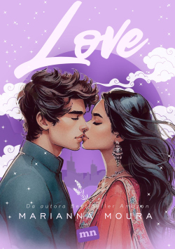 Capa do livro Love, de Marianna Roman, onde um casal está em destaque, ilustrado, prestes a se beijar, sobre fundo em tons de roxo.