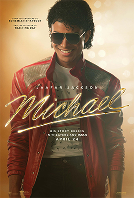 Pôster do filme Michael, com o ator caracterizado como Michael Jackson vestindo jaqueta vermelha e óculos escuros, sorrindo levemente. O título aparece em destaque com tipografia estilizada, junto ao nome Jaafar Jackson e a data de estreia.