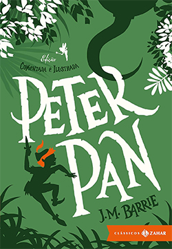 Capa do livro Peter Pan em tons de verde com a sombra do personagem em frente a um grande gancho