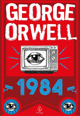 Capa vermelha do livro 1984, com o nome do autor no topo e o título ao centro. Entre eles, uma televisão com um grande olho em preto e branco.