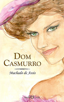 Capa do livro Dom Casmurro onde a personagem Capitu aparece trajando em close, com vestido e chapéu cor de rosa, sorrindo levemente