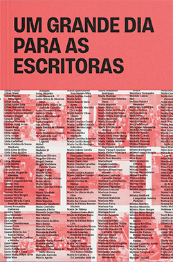grande_diCapa do livro UM GRANDE DIA PARA ESCRITORAS, alaranjada com o título em preto no alto e o nome de escritoras que participaram das fotos de todo o Brasil abaixo.