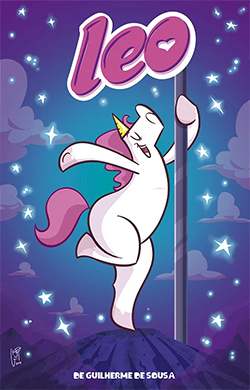 Capa da HQ Leo, onde o personagem, um unicórnio branco de crina e rabo rosa, faz pole dance sob seu nome em cor-de-rosa