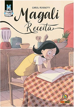 Capa do livro Magali: Receita, onde a personagem aparece em traço delicado lendo um livro sobre à mesa da cozinha