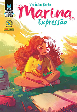 Capa do livro Marina: Expressão onde a personagem aparece ao ar livre, sobre a grama, diante de folhas de desenho