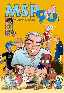 Capa da HQ MSP 90, onde Maurício de Sousa aparece em versão cartoon cercado de seus personagens pelo traço de diferentes artistas