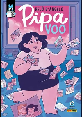 Capa do livro Pipa: Voo, onde a personagem aparece com diversos tipos de papel voando ao seu redor, em um quarto em cores frias