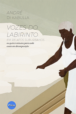 Capa do livro Vozes do Labirinto, uma uma pessoa negra aparece mexendo em algo sobre uma mesa, todos os elementos em tons de bege