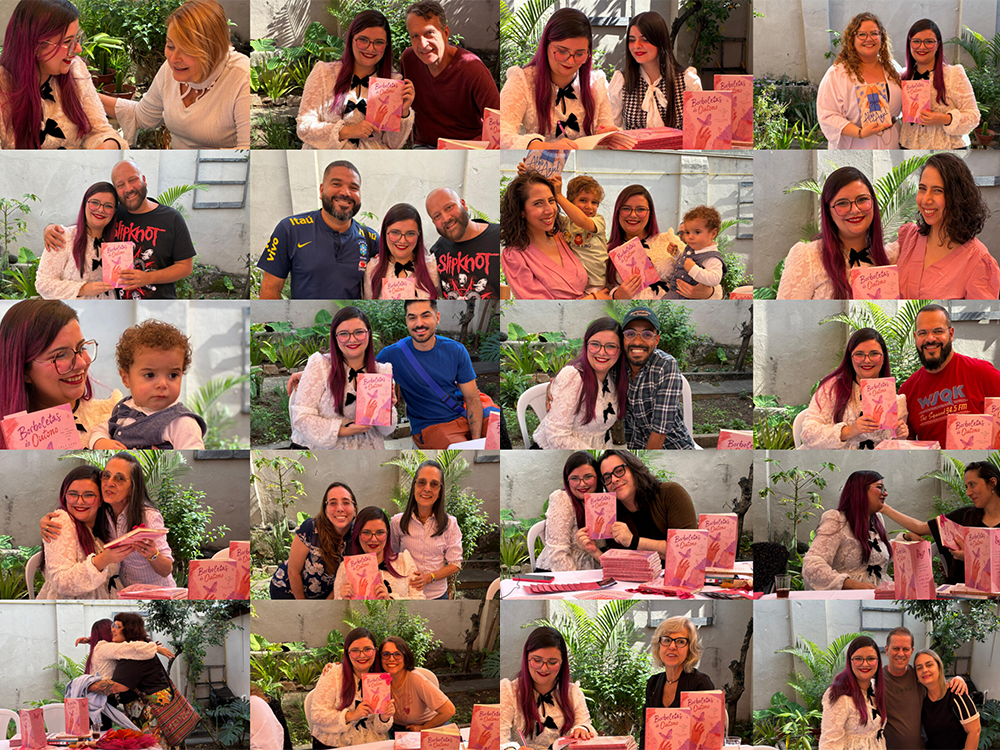 Mosaico formado por vinte fotografias registradas durante o lançamento. Nas imagens, a autora aparece ao lado de leitores, amigos e familiares em diferentes momentos do evento: sorrindo para a câmera, abraçando visitantes, conversando, posando em grupos e autografando exemplares. Em grande parte das fotos, as pessoas seguram o livro Borboletas de Outono, cuja capa em tons de rosa aparece em destaque.