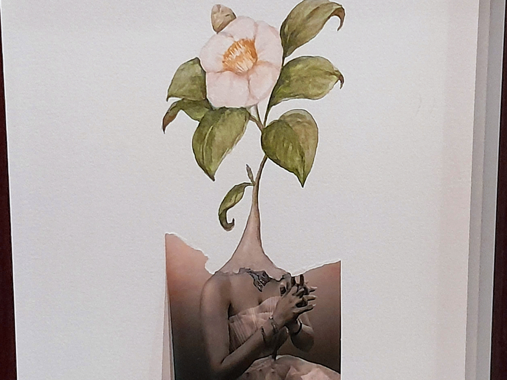 Detalhe de uma obra Efe Godoy. Em uma colagem sobre fundo branco, o corpo de uma mulher vestindo um traje claro termina em um pescoço que se transforma no caule de uma flor rosa de folhas verdes. A composição mistura fotografia e aquarela.