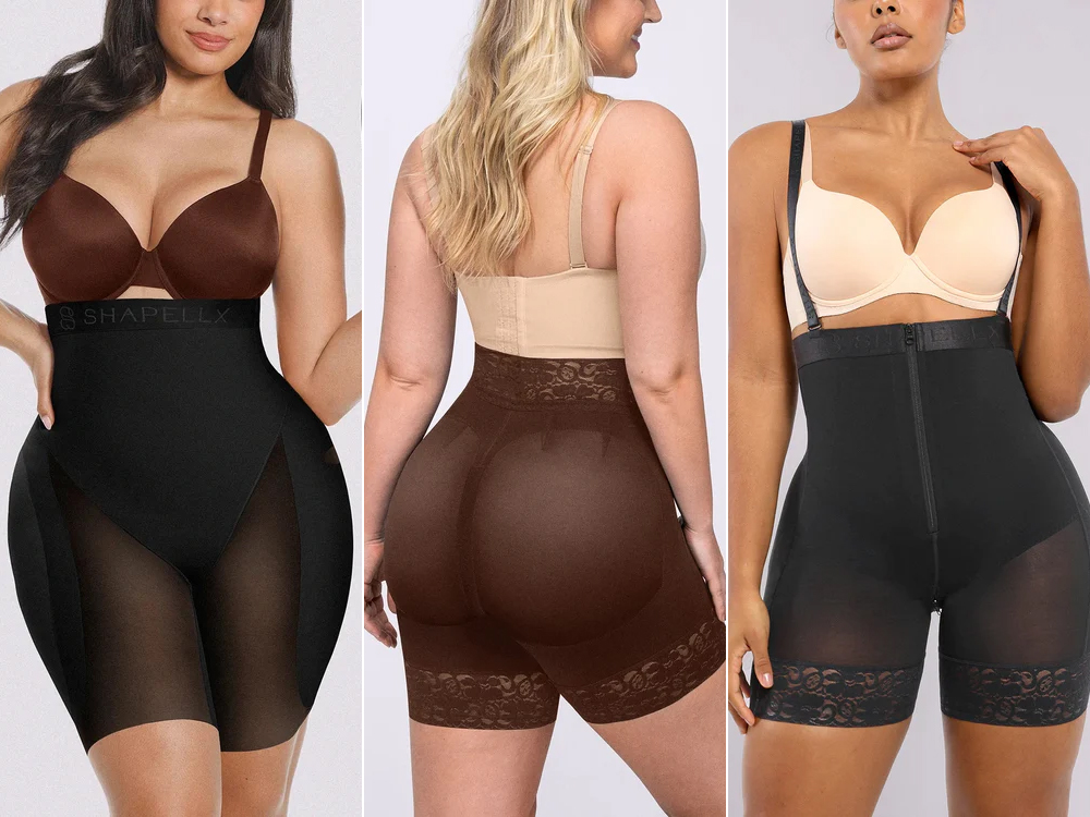 Três mulheres exibindo diferentes modelos de shapewear, mostrados de ângulos variados para destacar o caimento. As peças são de cintura alta, vão até a metade das coxas e aparecem em tons de preto e marrom, algumas com renda e painéis transparentes. O nome SHAPELLX está visível no cós de duas delas.