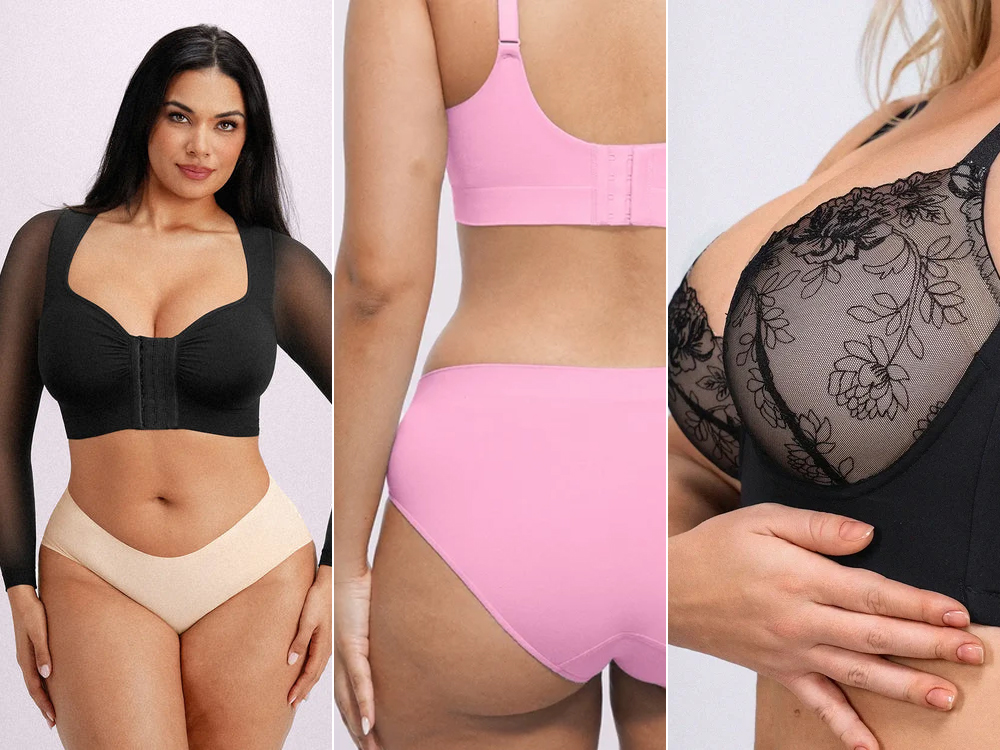 Três mulheres exibindo diferentes modelos de lingerie, incluindo sutiãs e calcinhas em estilos variados. À esquerda, uma mulher usa um sutiã preto de manga longa em tule com fecho frontal; ao centro, outra mostra a parte de trás de um conjunto rosa; à direita, aparece um close de um sutiã preto de renda com bordado floral.