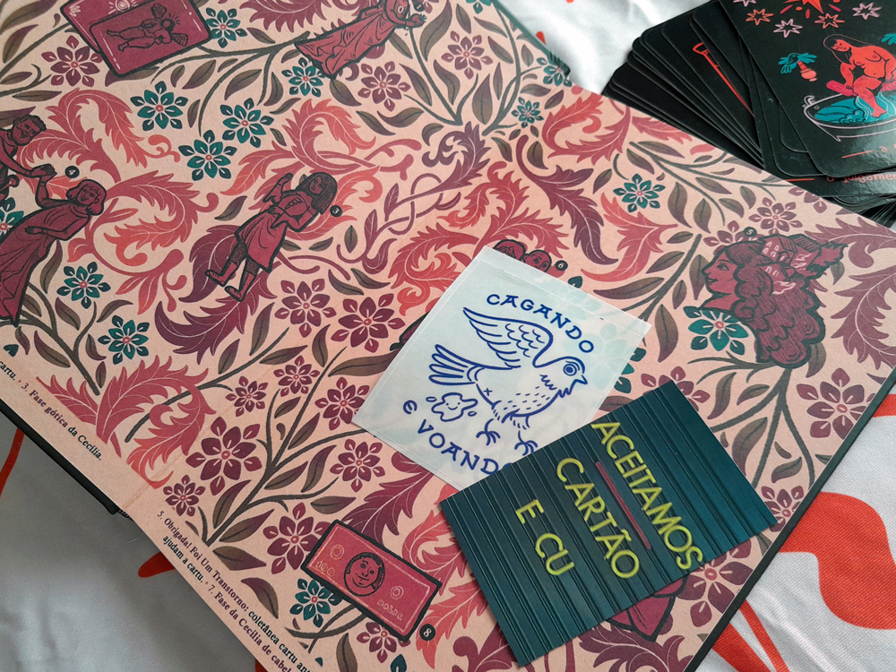 Conjunto de cartões ilustrados sobre folha de guarda estampada em rosa, roxo e verde. Entre eles, há um cartão com um pássaro azul e a frase CAGANDO E VOANDO, outro com texto amarelo ACEITAMOS CARTÃO E CU, e uma pilha de cartões escuros com desenhos coloridos, incluindo uma figura musculosa em vermelho. O padrão de fundo mistura flores e rostos estilizados.