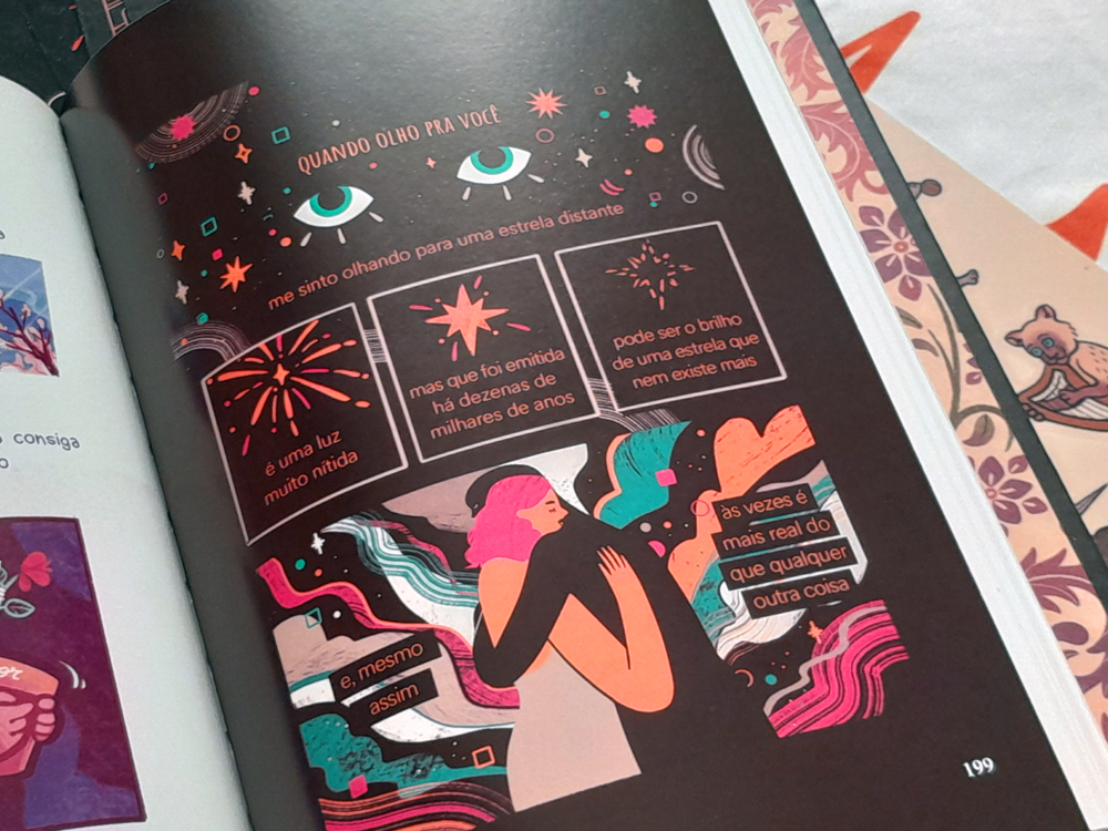 Página interna do livro Cartumante: Cartuns & Cartas mostrando uma ilustração de duas figuras abraçadas, cercadas por estrelas, planetas e elementos cósmicos em cores vibrantes sobre fundo escuro. Acima, há olhos estilizados e painéis com texto em português que refletem um tom poético. Número da página: 199.