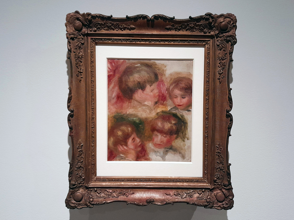 Pintura impressionista em moldura ornamentada retratando várias crianças com rostos suaves em tons rosados, vermelhos e verdes, com pinceladas soltas e atmosfera delicada.