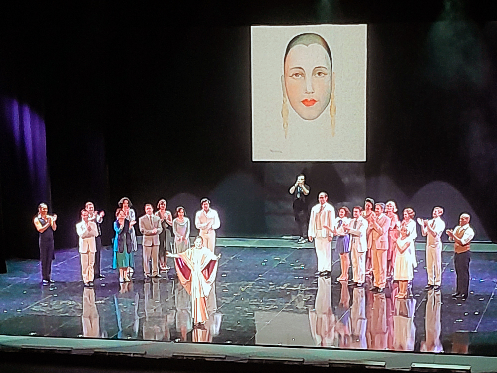 Elenco da peça reunido em semicírculo no palco durante os aplausos finais. À frente, Cláudia Raia está com braços abertos, vestindo figurino de mangas longas. Ao fundo, projeção de rosto estilizado com tranças e lábios vermelhos, iluminado por luzes roxas e azuis.