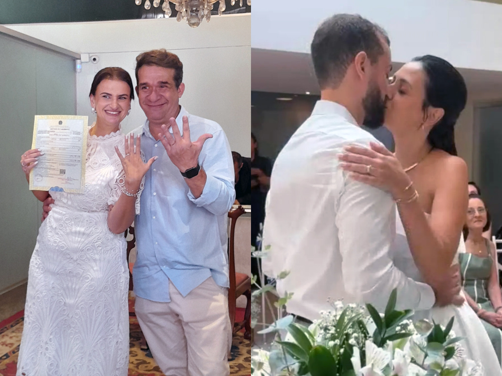 Montagem com registros de dois casamentos diferentes. À esquerda, casal posa após uma cerimônia civil; uma pessoa de vestido branco segura a certidão e exibe a aliança, enquanto a outra, de camisa azul-clara, também mostra a aliança. À direita, outro casal se beija durante uma cerimônia, diante de arranjo de flores brancas e folhagens; uma pessoa veste branco com parte das costas voltada para a câmera, e a outra usa vestido branco sem alças.